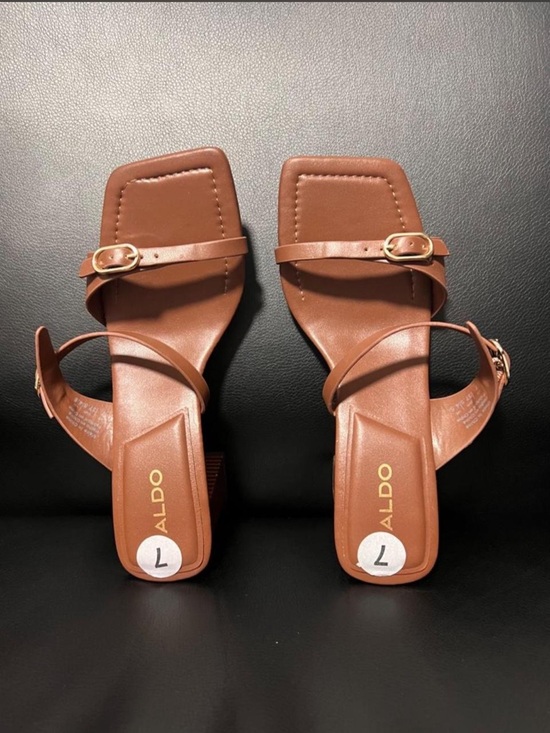 Aldo Shoes - Aldo Tan Brown Square-Toe Strappy Block Heel Sandals